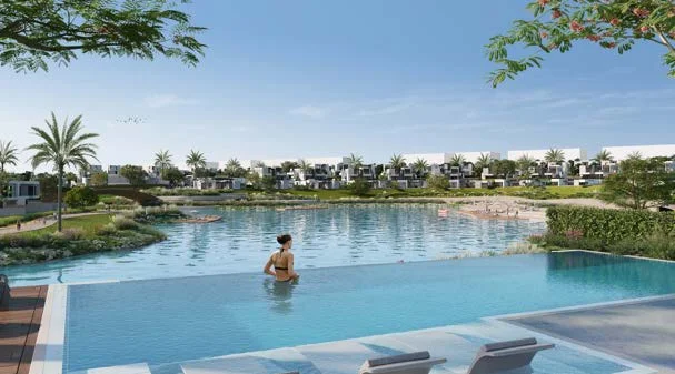 Sunset and skyline — water, horizon, and community scale at Solana East New Cairo